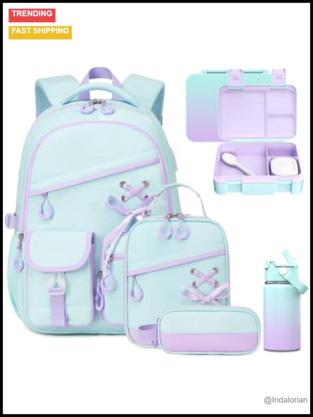 9PCS Girls Backpack Set with Lunch Bag, Pencil Case, Bento Box & Water Bottle -